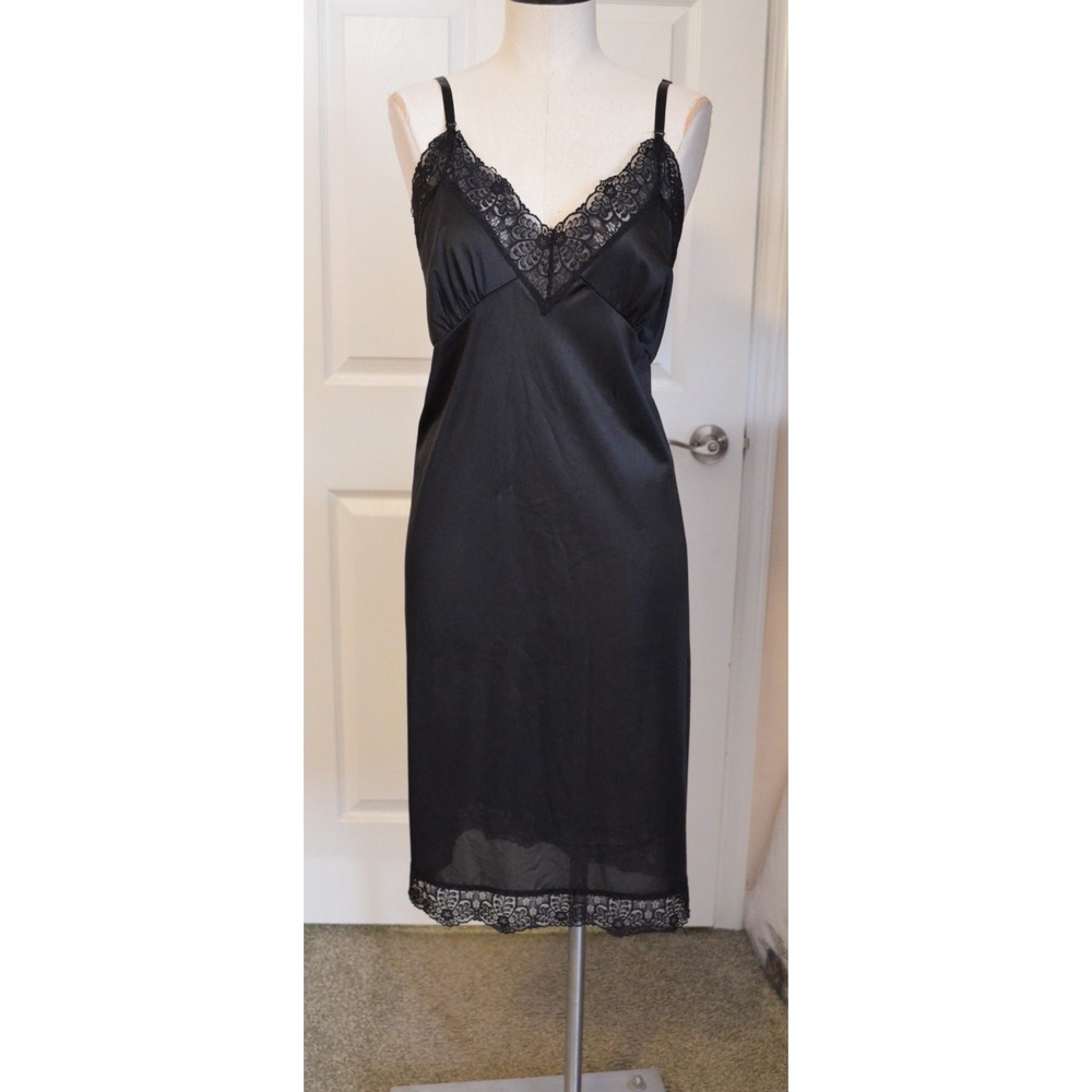 Vintage Womens Underslip 44 Black Nylon Satin Sheer Lingerie 50s 60s Romantic